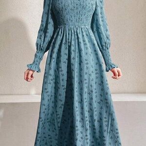 SHEIN Blue Green Smocked Long Sleeve Sundress
